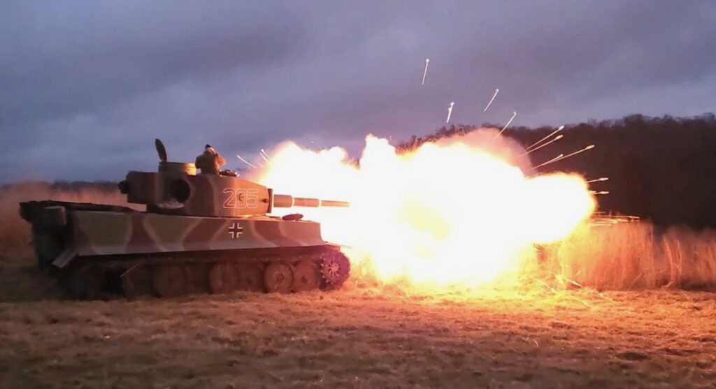 WWII Tiger I tank main gun firing during a live-fire demonstration at Terra Bellum