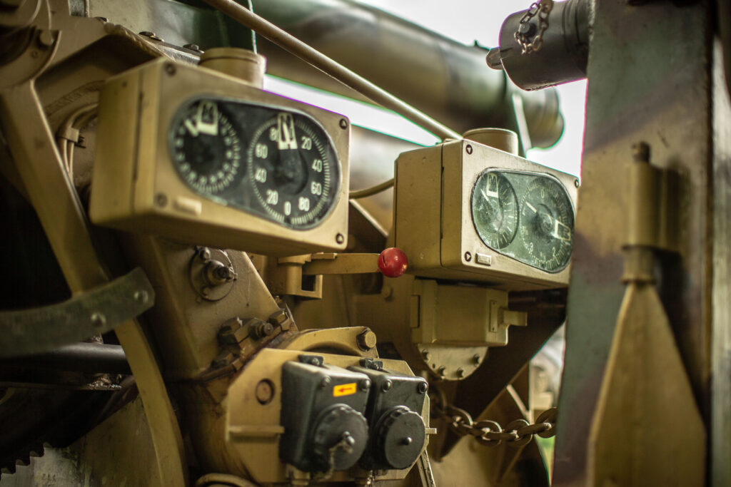 Detail of targeting dials on a historic WWII German 88mm FlaK artillery gun at Terra Bellum