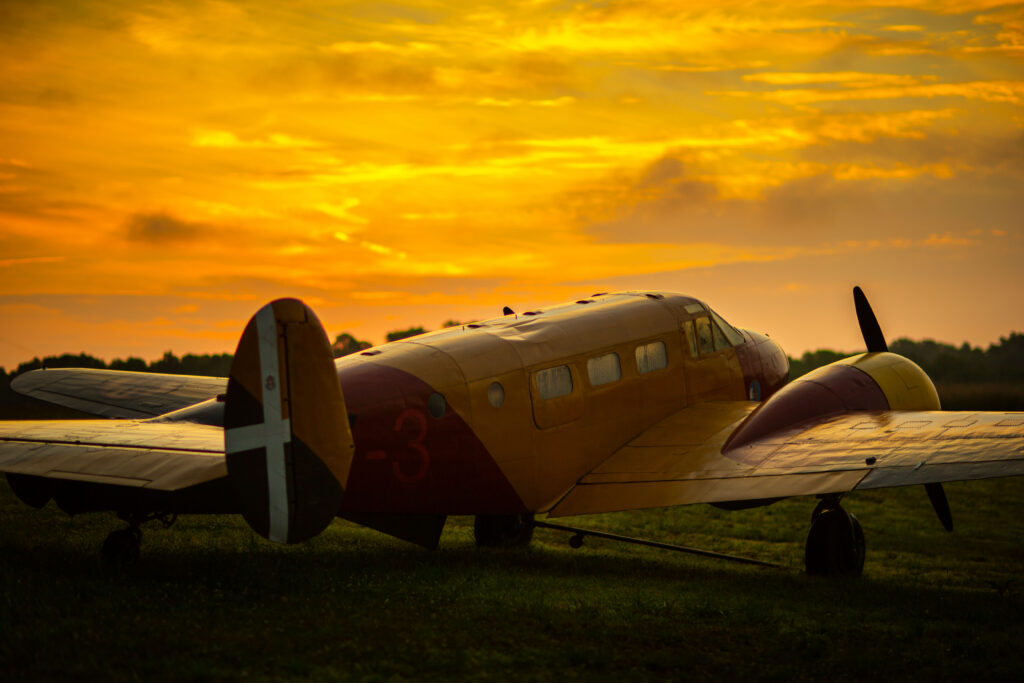 Historic Beechcraft Model 18 twin-engine aircraft on the private airfield at Terra Bellum