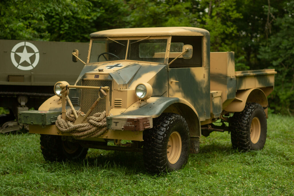 Experience riding historic WWII German camo CMP military trucks and support vehicles at Terra Bellum