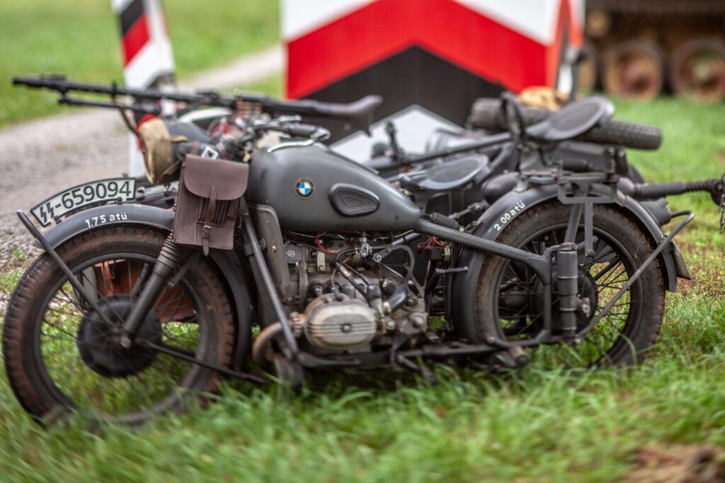 Restored WWII BMW military sidecar motorcycle with mounted MG34 on display at Terra Bellum